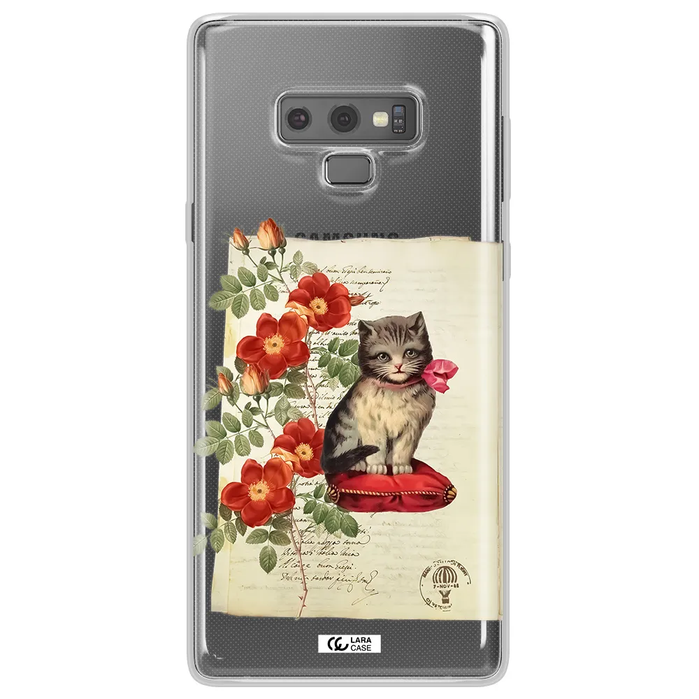 a cat on a pillow with flowers Samsung Note 9 Clear TPU Case