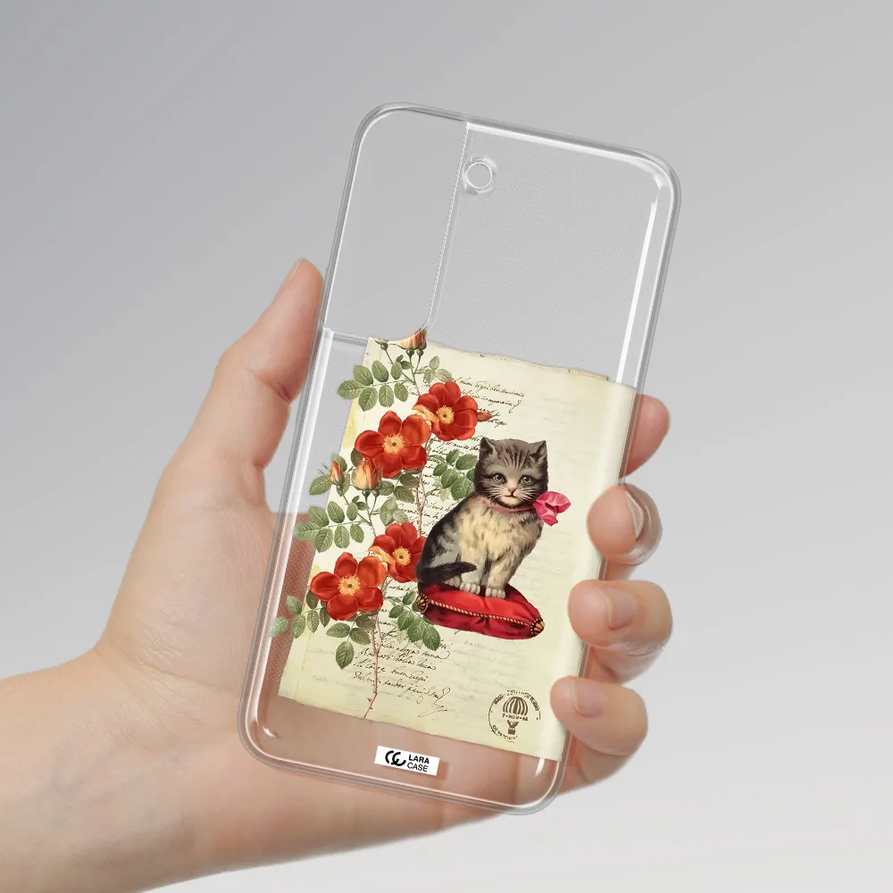 a cat on a pillow with flowers Samsung S 22 Clear TPU Case
