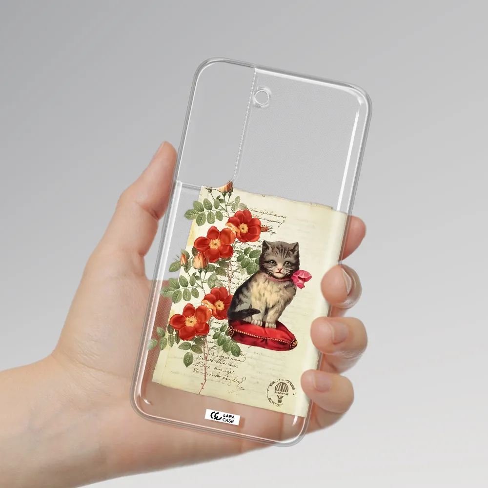 a cat on a pillow with flowers Samsung S 22 Plus Clear TPU Case