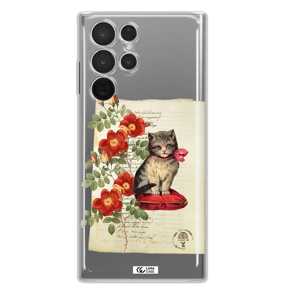 a cat on a pillow with flowers Samsung S 22 Ultra Clear TPU Case