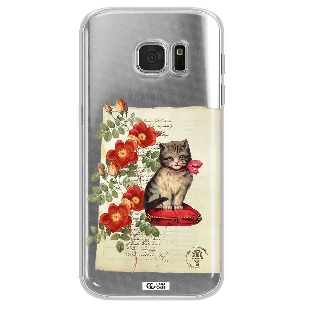 a cat on a pillow with flowers Samsung S 7 Clear TPU Case