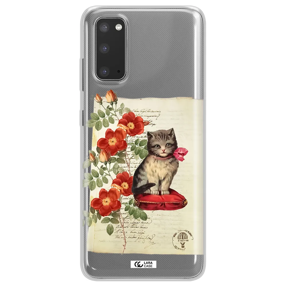 a cat on a pillow with flowers Samsung S20 Clear TPU Case