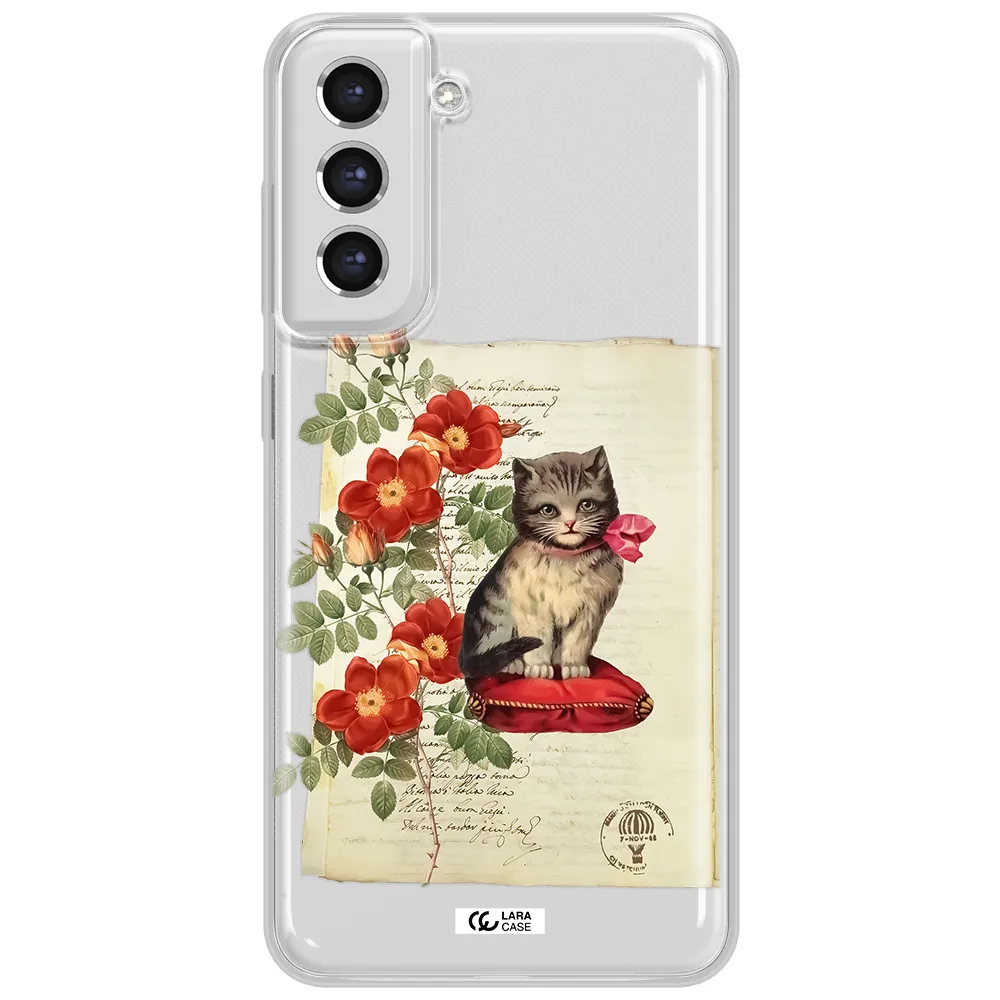 A Cat On A Pillow With Flowers Samsung S21 Fe Clear Tpu Case
