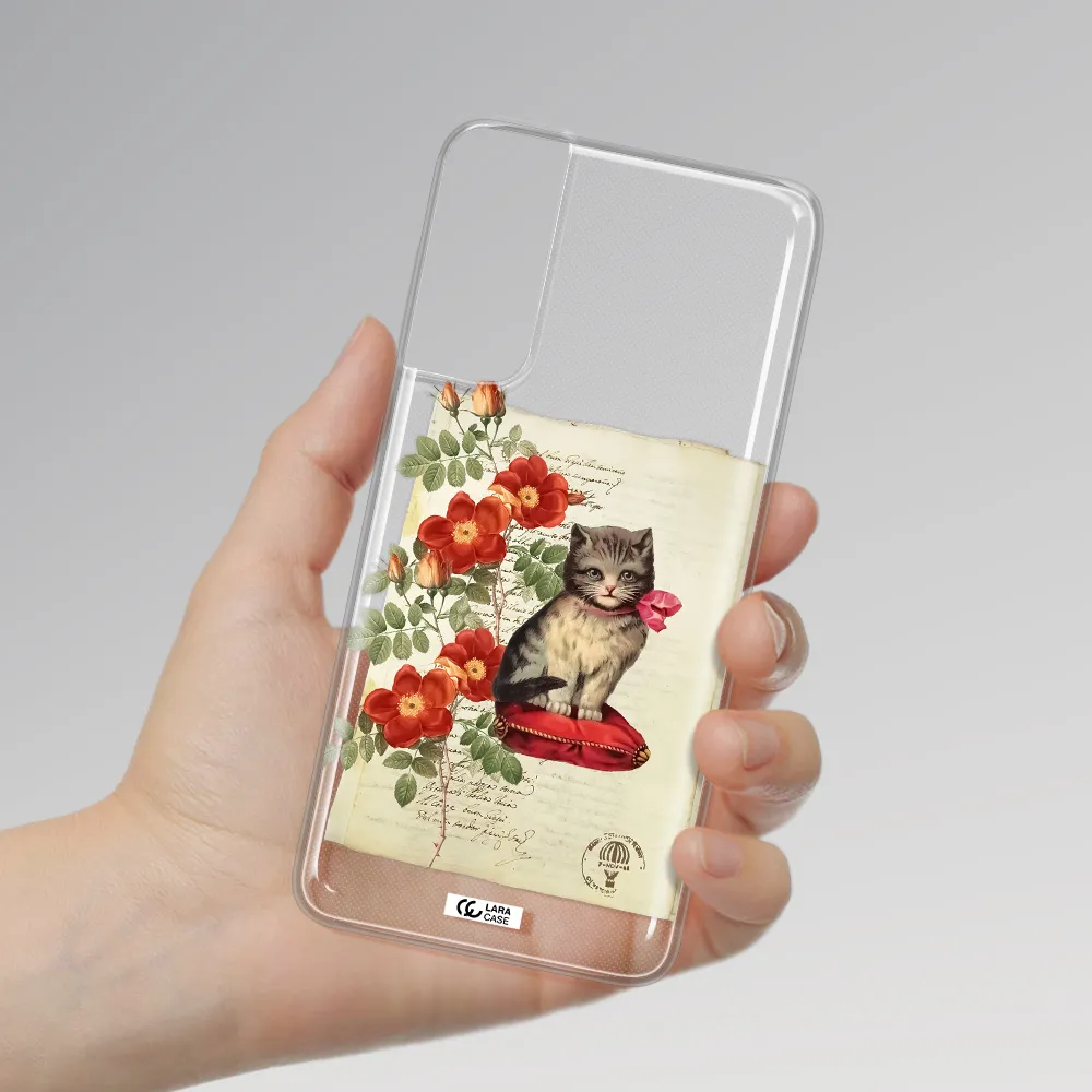 a cat on a pillow with flowers Samsung S21 Plus Clear TPU Case