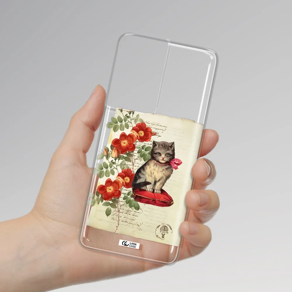 a cat on a pillow with flowers Samsung S21 Ultra Clear TPU Case