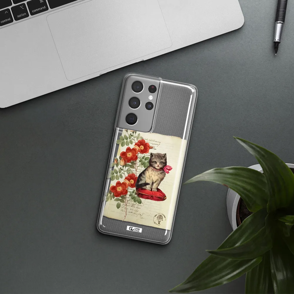 a cat on a pillow with flowers Samsung S21 Ultra Clear TPU Case