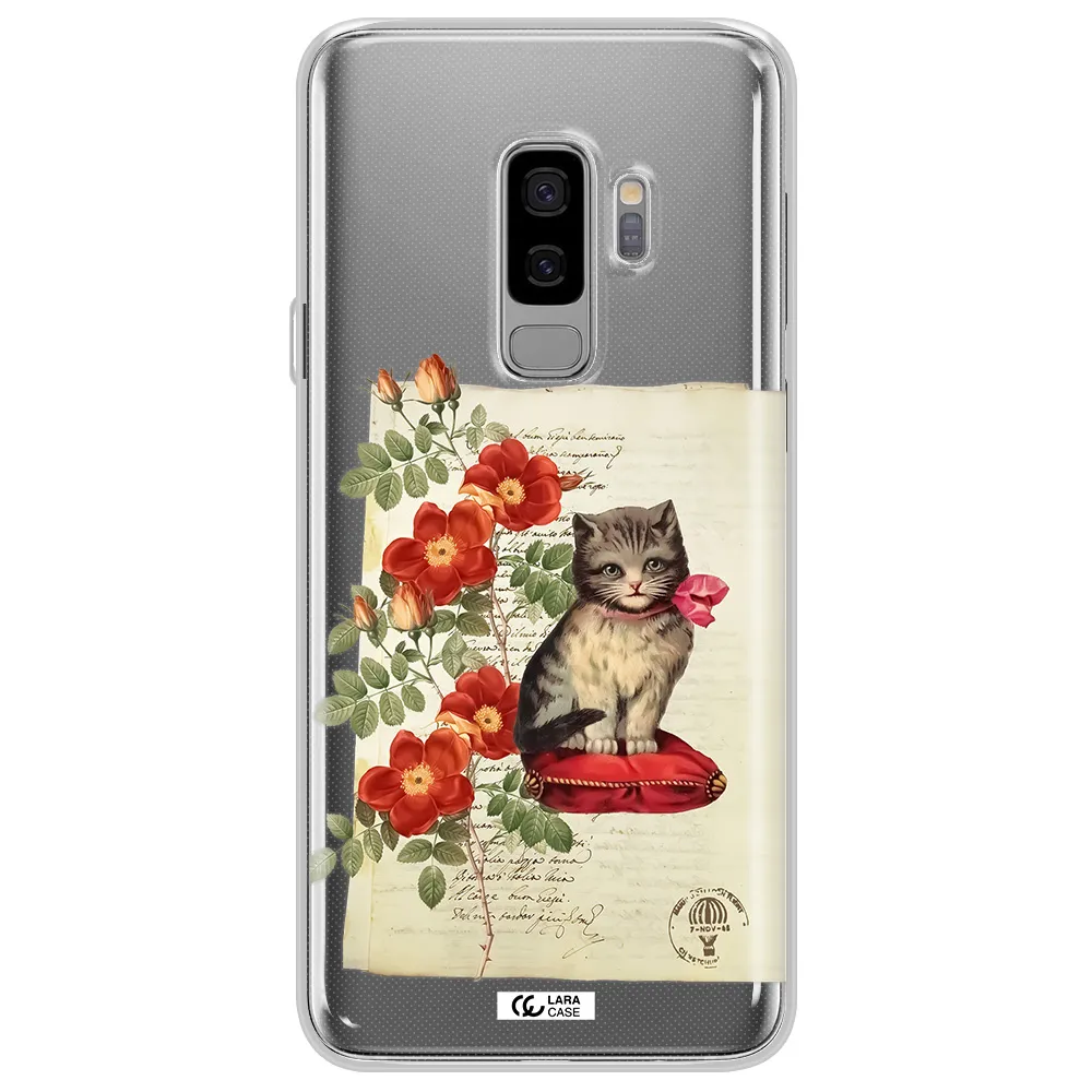 a cat on a pillow with flowers Samsung S9 Plus Clear TPU Case