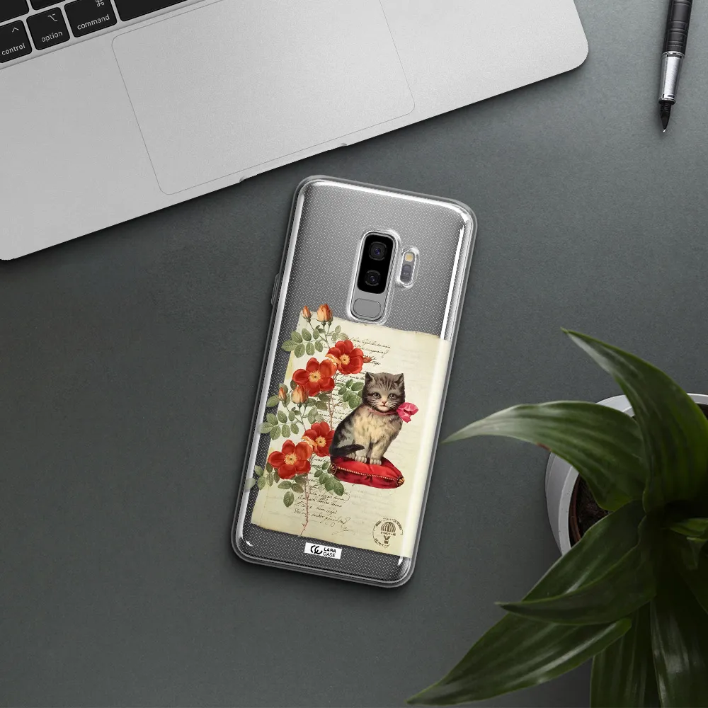 a cat on a pillow with flowers Samsung S9 Plus Clear TPU Case