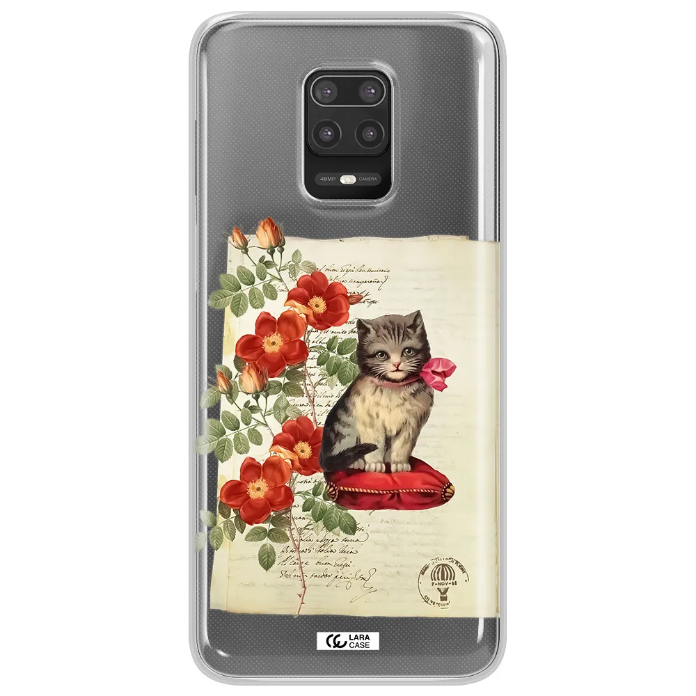 a cat on a pillow with flowers Xiaomi Note 9S Clear TPU Case