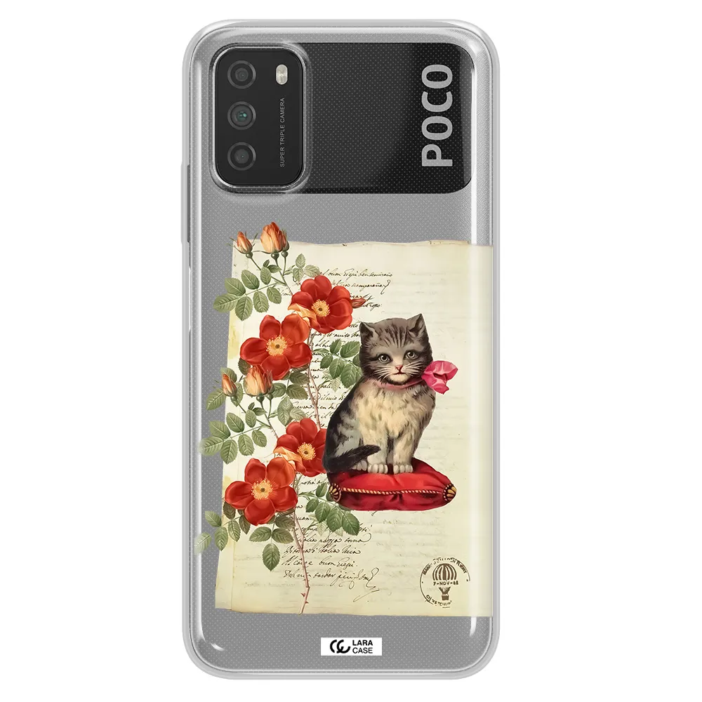 a cat on a pillow with flowers Xiaomi Poco M3 Clear TPU Case