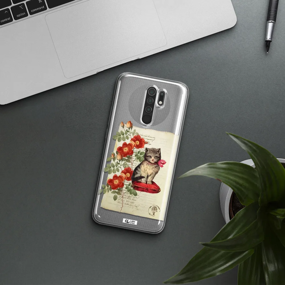 a cat on a pillow with flowers Xiaomi Redmi 9 Clear TPU Case