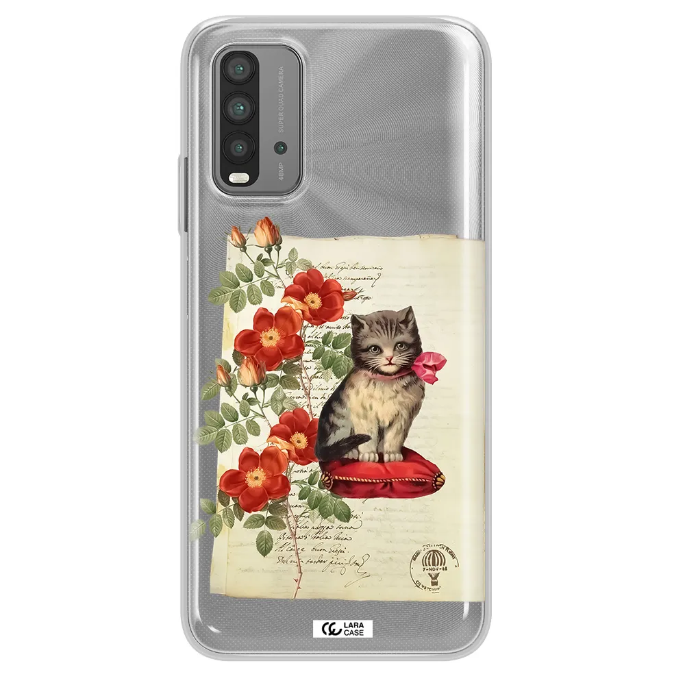 a cat on a pillow with flowers Xiaomi Redmi 9T Clear TPU Case