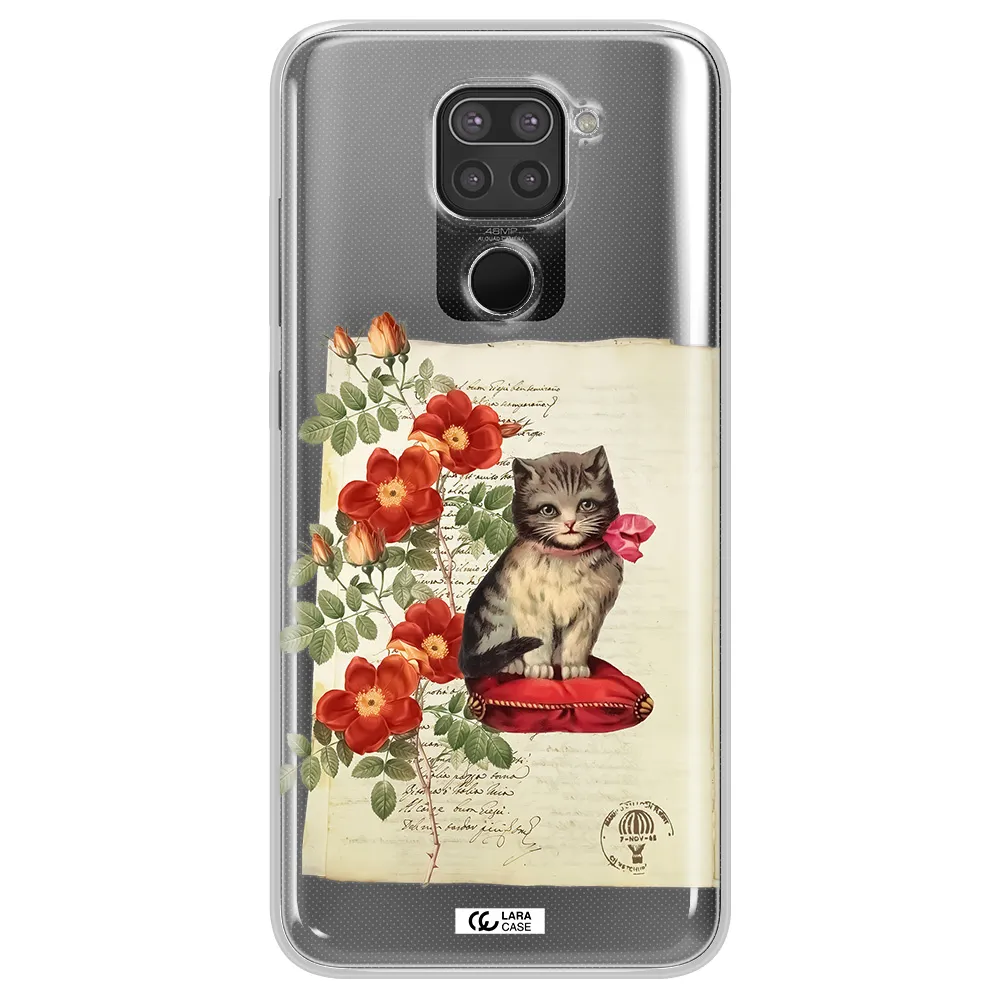 a cat on a pillow with flowers Xiaomi Redmi Note 9 Clear TPU Case