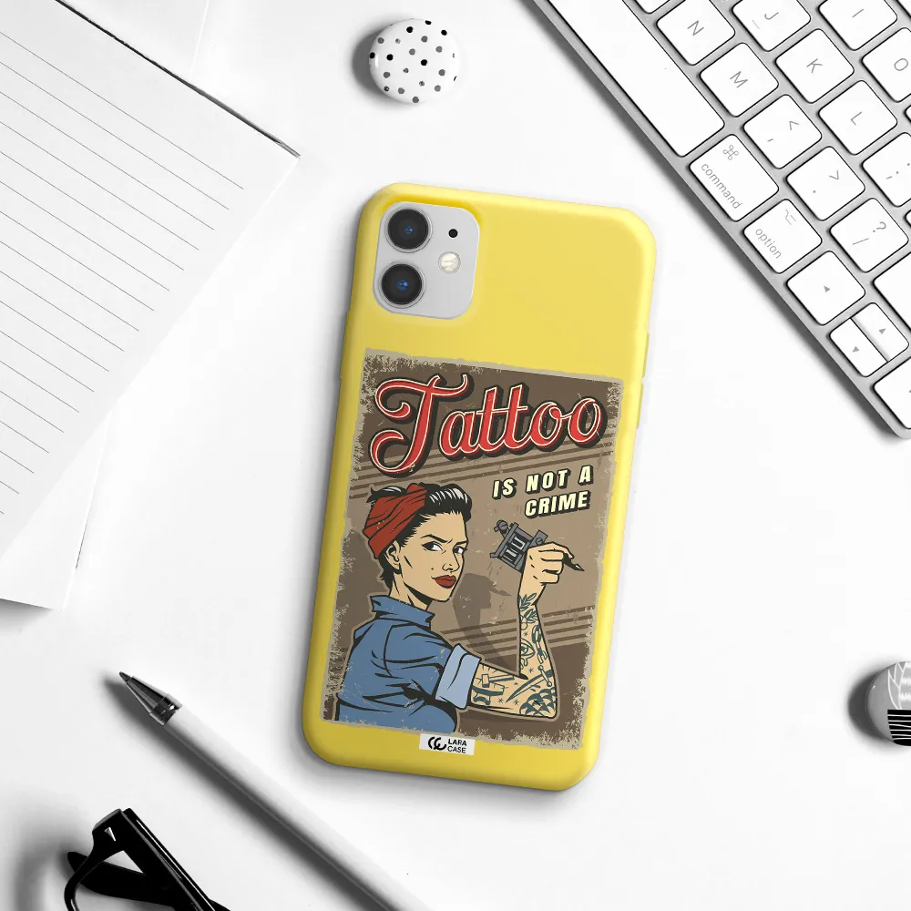 a woman with tattoo on her arm Apple iPhone 11 Silicone canary yellow Case