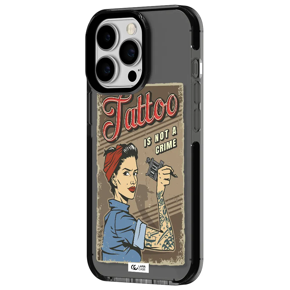 a woman with tattoo on her arm Apple iPhone 13 Pro impact Smoke Black Case