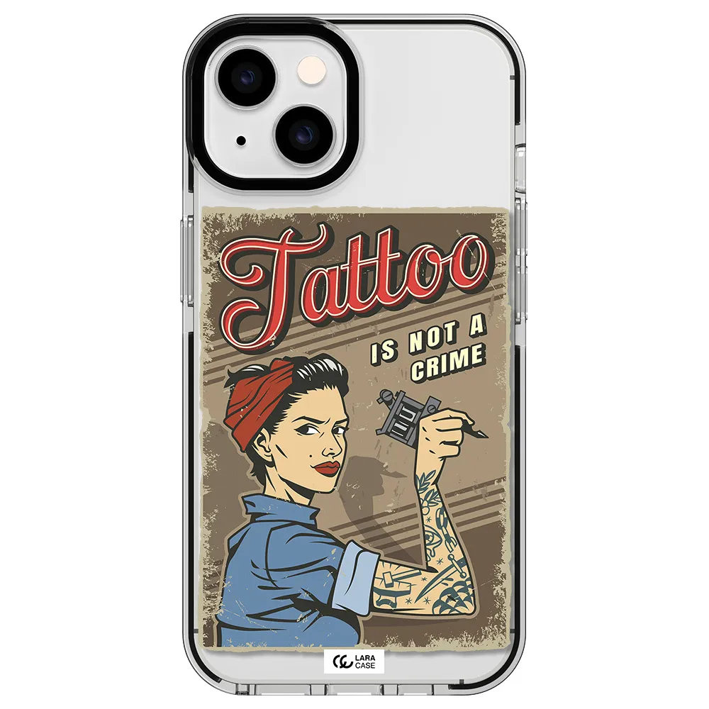 a woman with tattoo on her arm Apple iPhone 14 impact black border Case