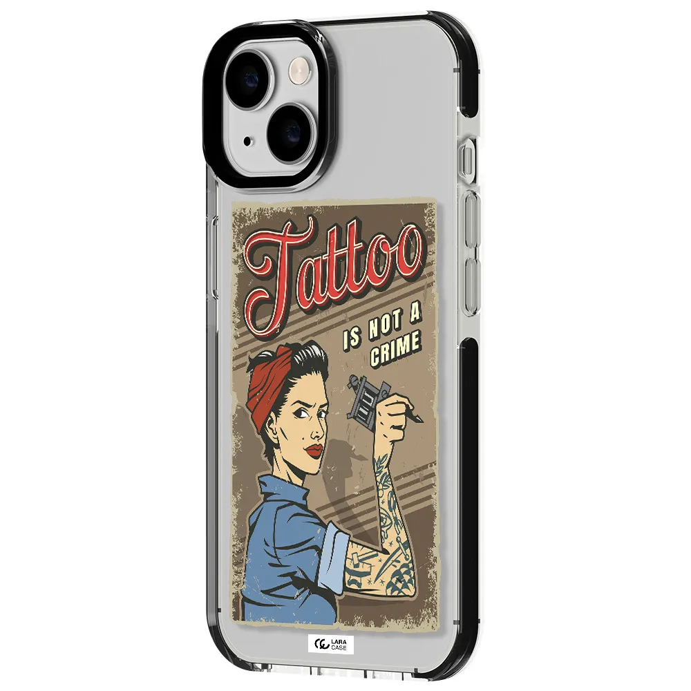 a woman with tattoo on her arm Apple iPhone 14 impact black border Case