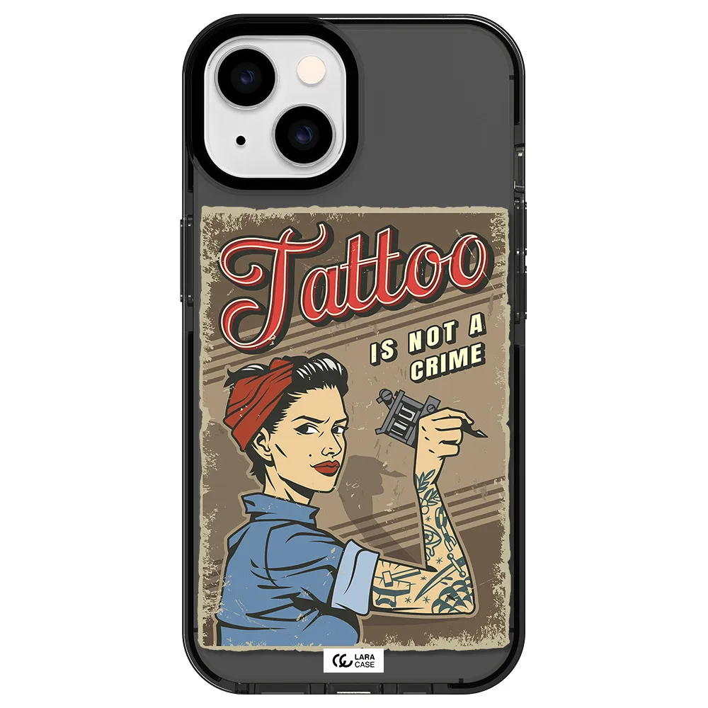 a woman with tattoo on her arm Apple iPhone 14 impact Smoke Black Case