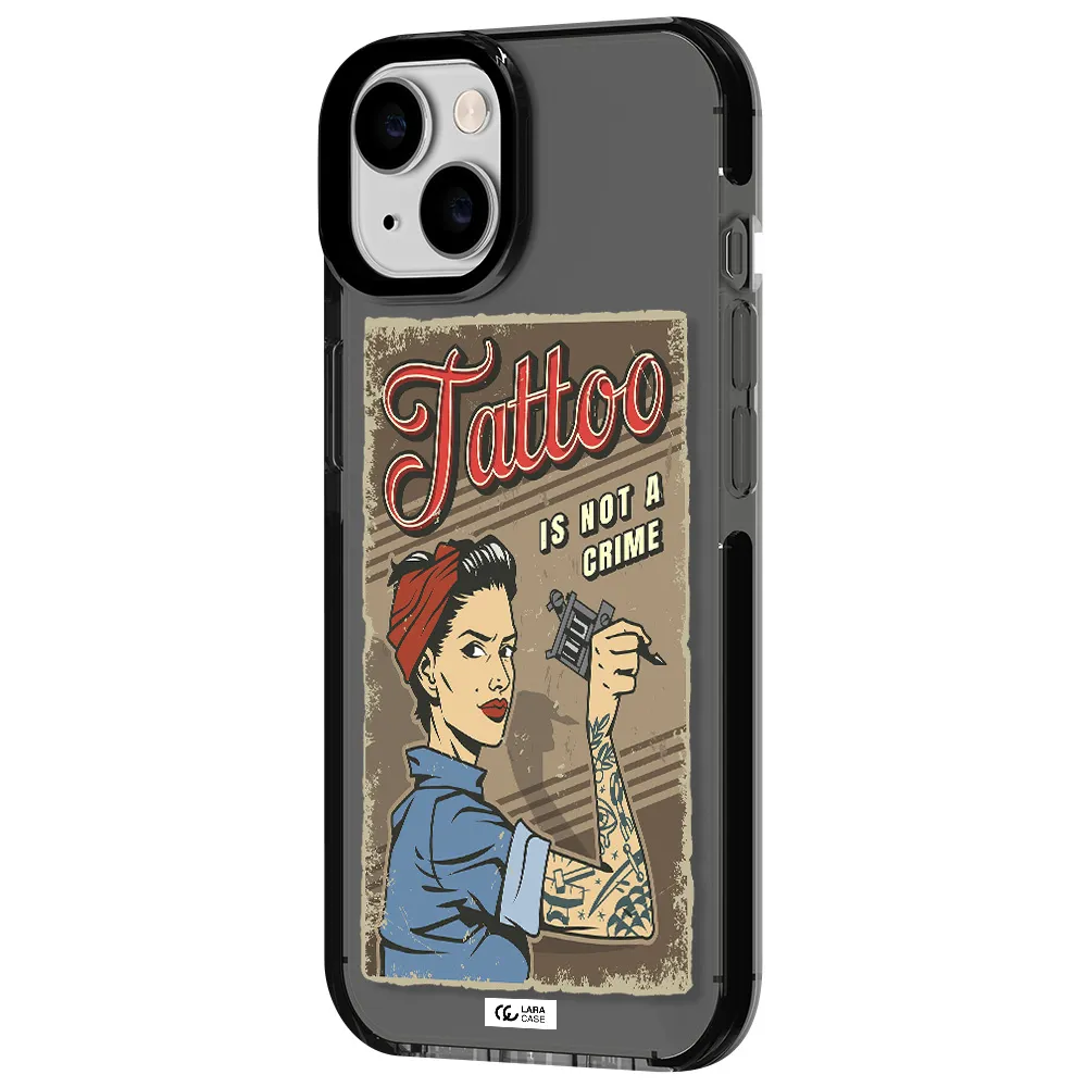 a woman with tattoo on her arm Apple iPhone 14 impact Smoke Black Case