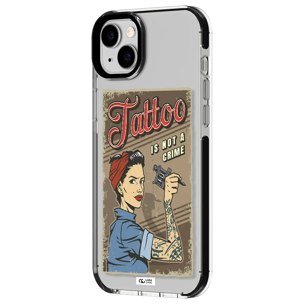 a woman with tattoo on her arm Apple iPhone 14 plus impact black border Case