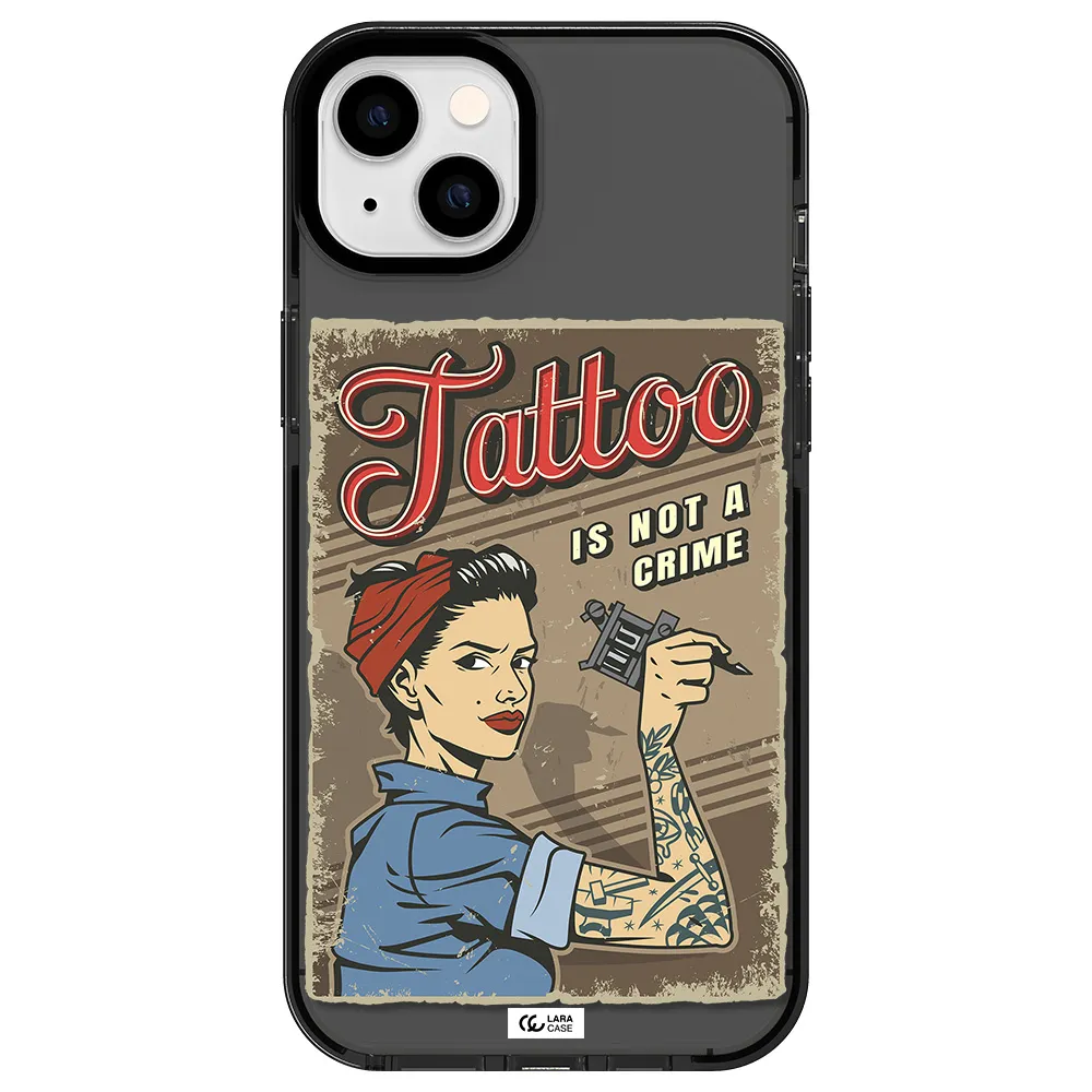 a woman with tattoo on her arm Apple iPhone 14 plus impact Smoke Black Case