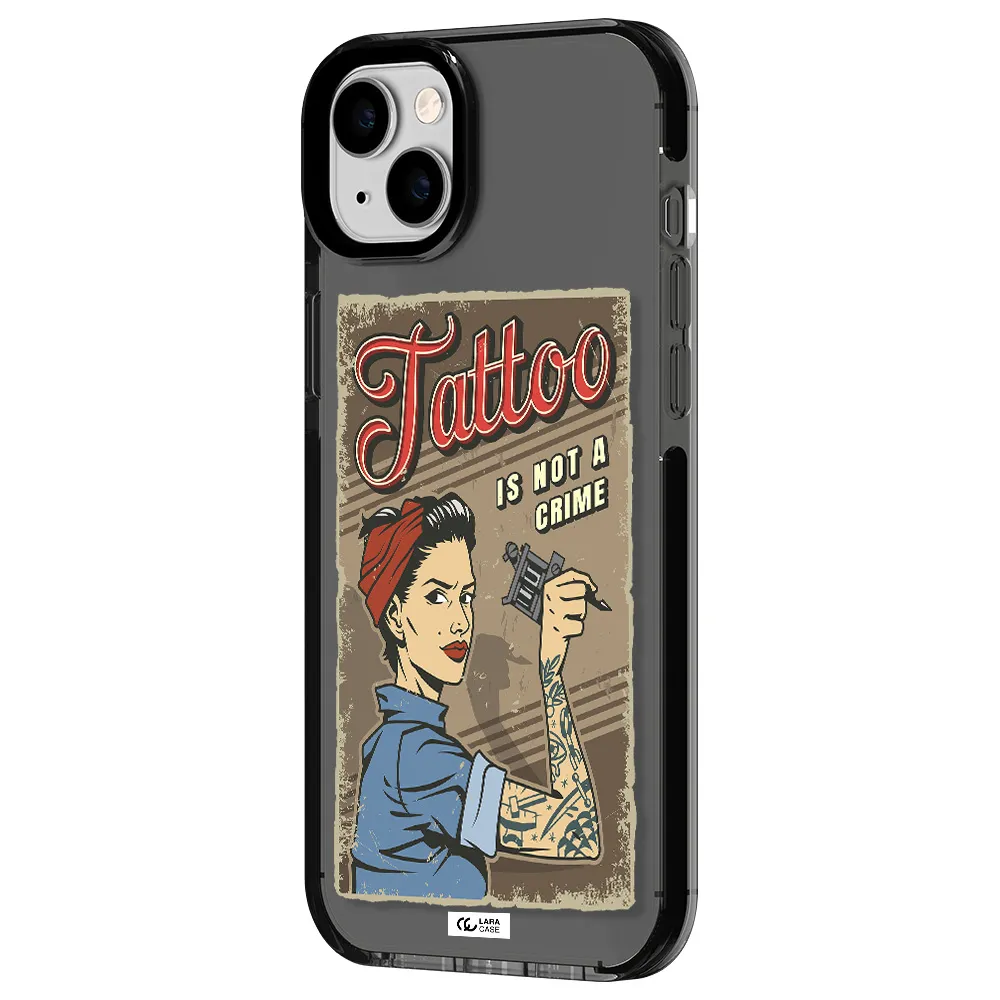 a woman with tattoo on her arm Apple iPhone 14 plus impact Smoke Black Case