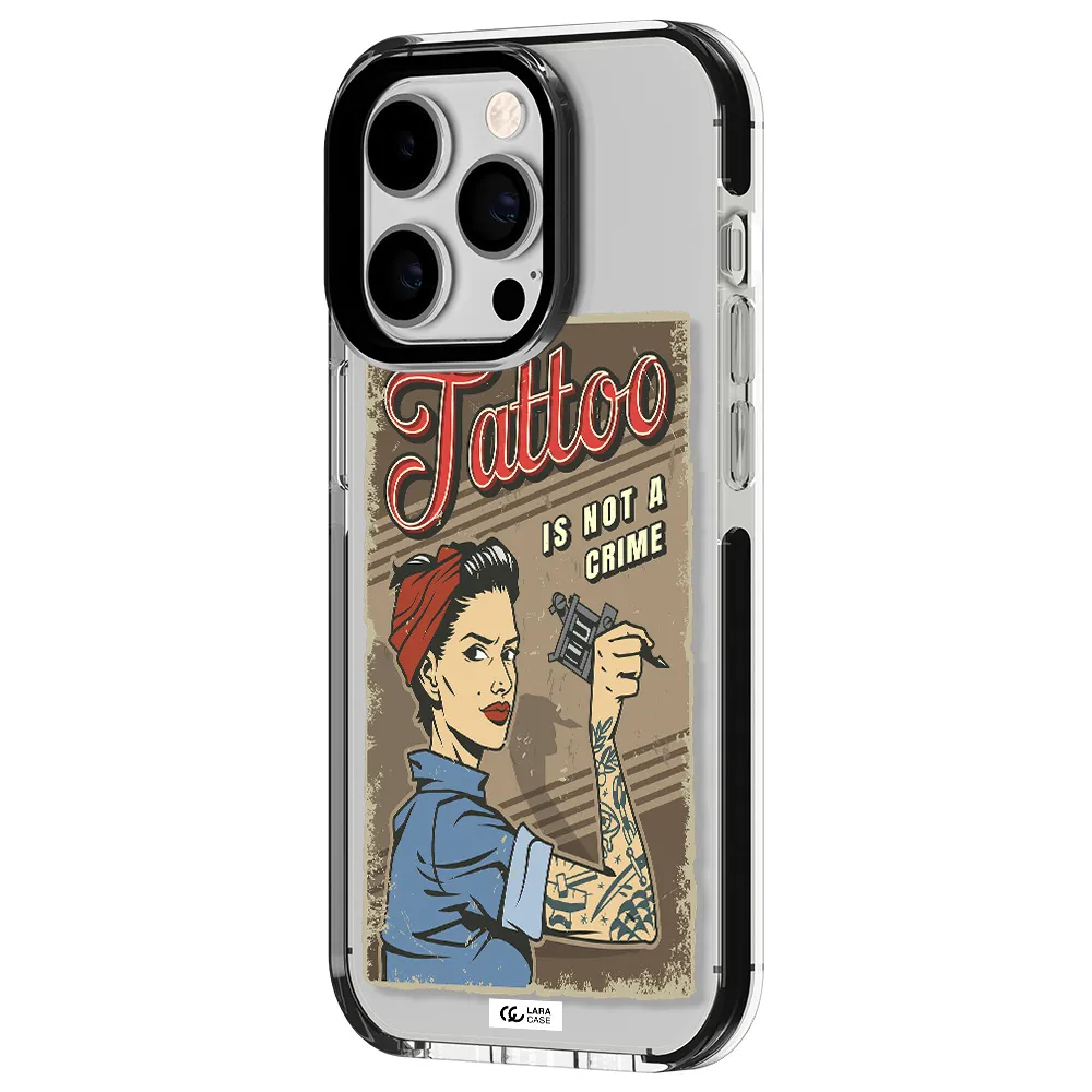 a woman with tattoo on her arm Apple iPhone 14 pro impact black border Case