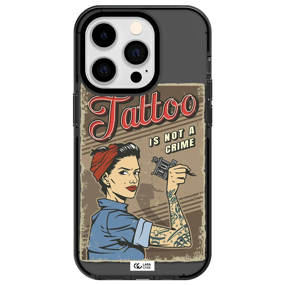 a woman with tattoo on her arm Apple iPhone 14 pro impact Smoke Black Case