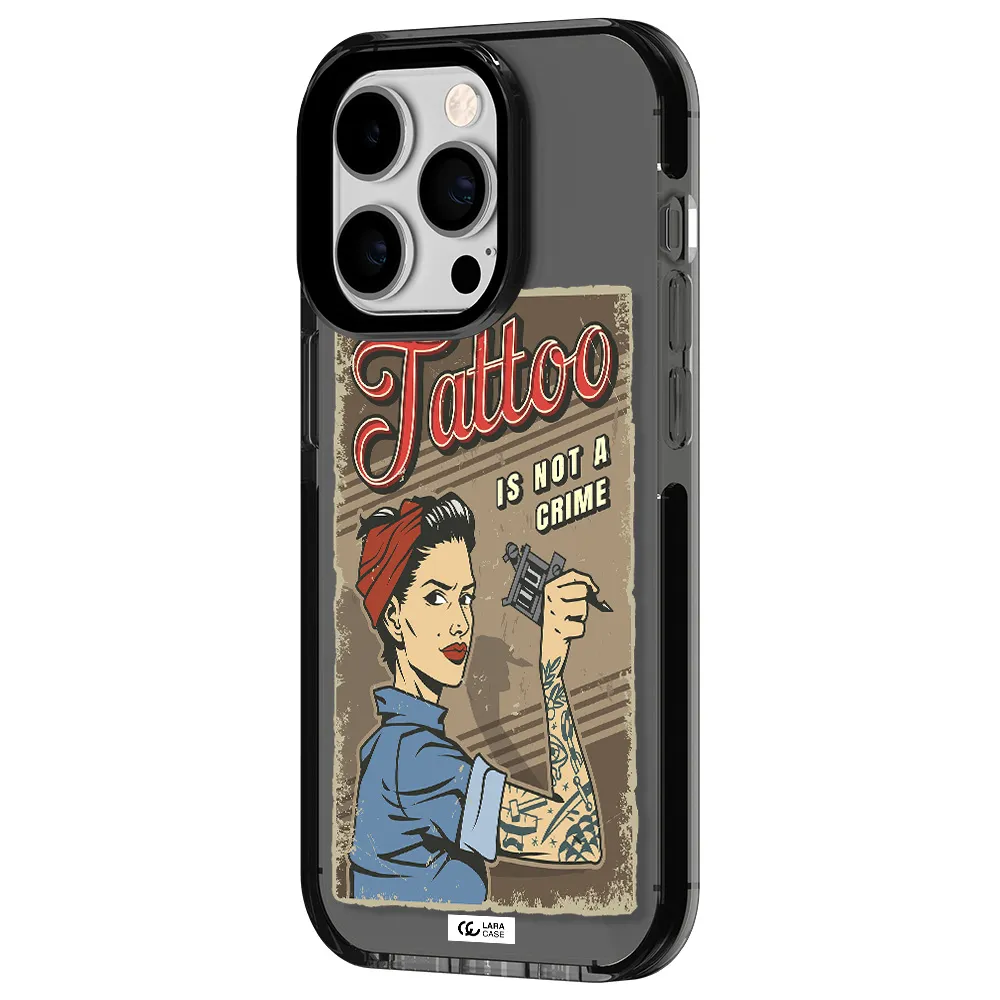 a woman with tattoo on her arm Apple iPhone 14 pro impact Smoke Black Case