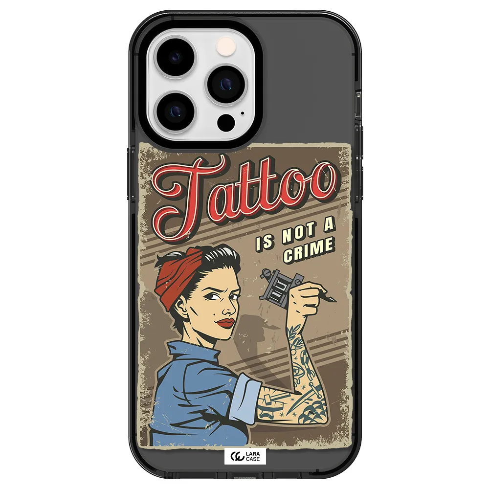 a woman with tattoo on her arm Apple iPhone 14 pro max impact Smoke Black Case