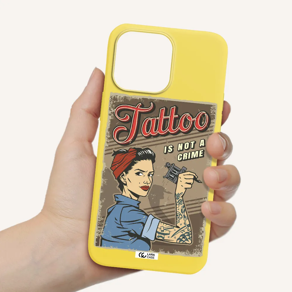a woman with tattoo on her arm Apple iPhone 14 pro max Silicone canary yellow Case