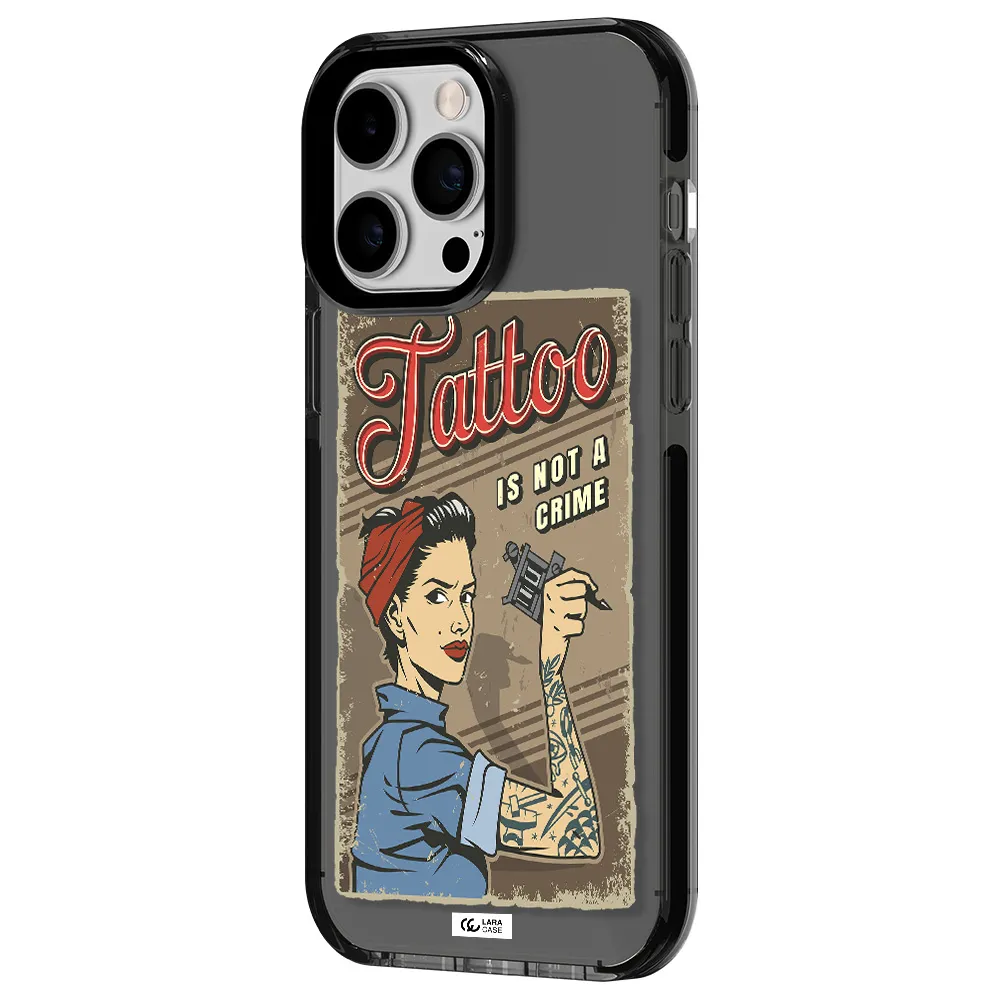 a woman with tattoo on her arm Apple iPhone 15 Pro impact Smoke Black Case