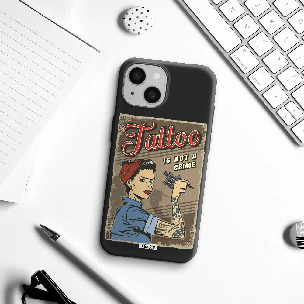 a woman with tattoo on her arm Apple iPhone 15 Silicone black Case