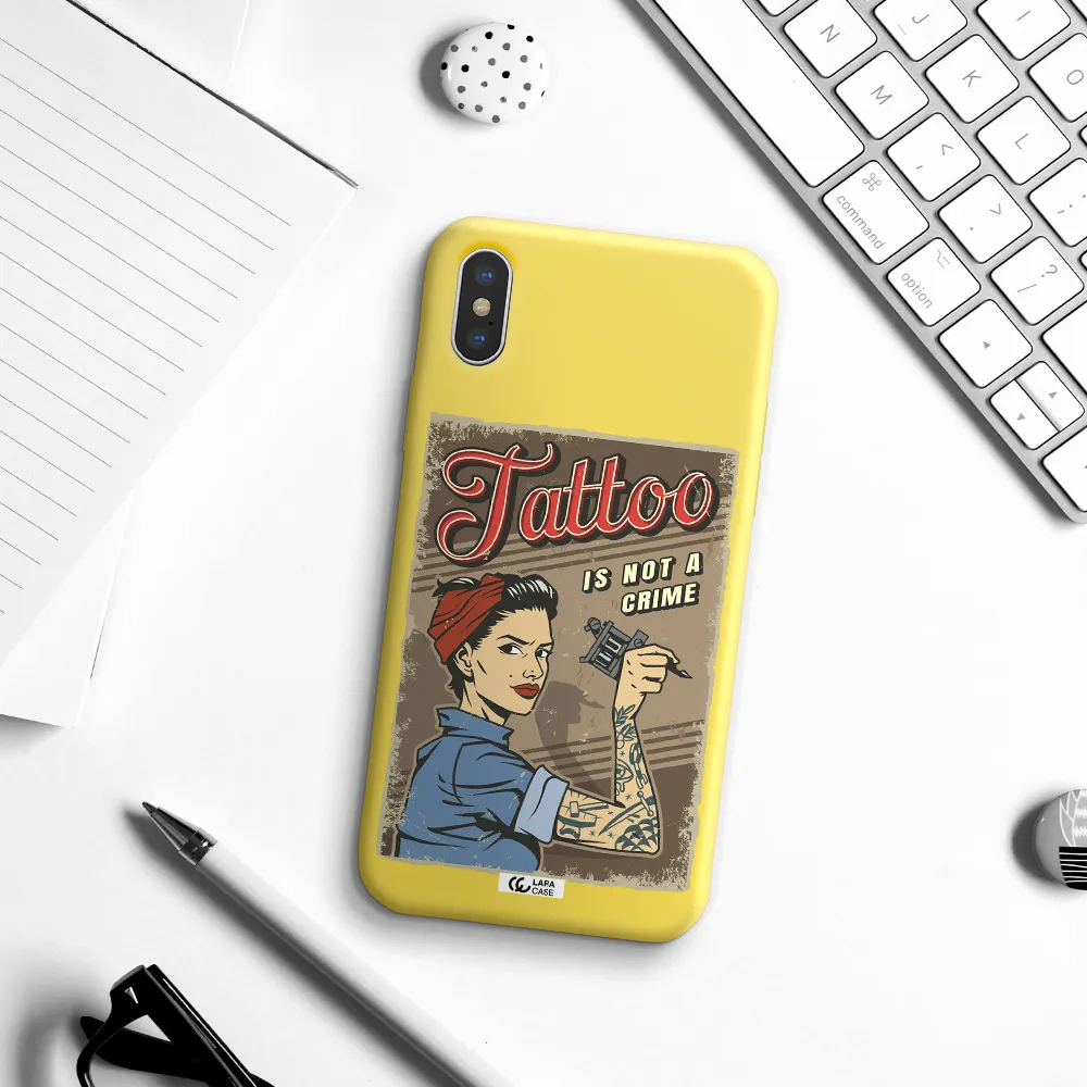a woman with tattoo on her arm Apple iPhone XS Silicone canary yellow Case