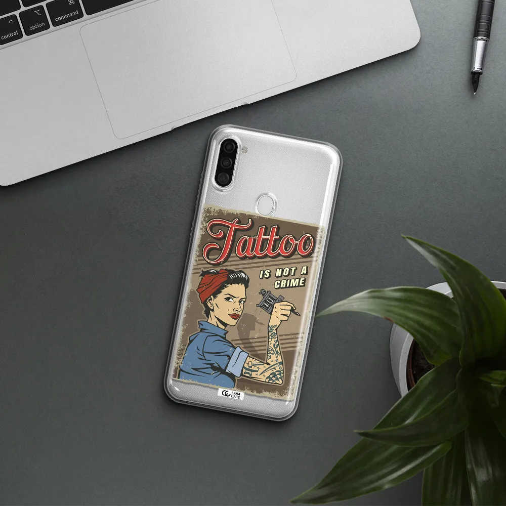 a woman with tattoo on her arm Samsung A11 Clear TPU Case