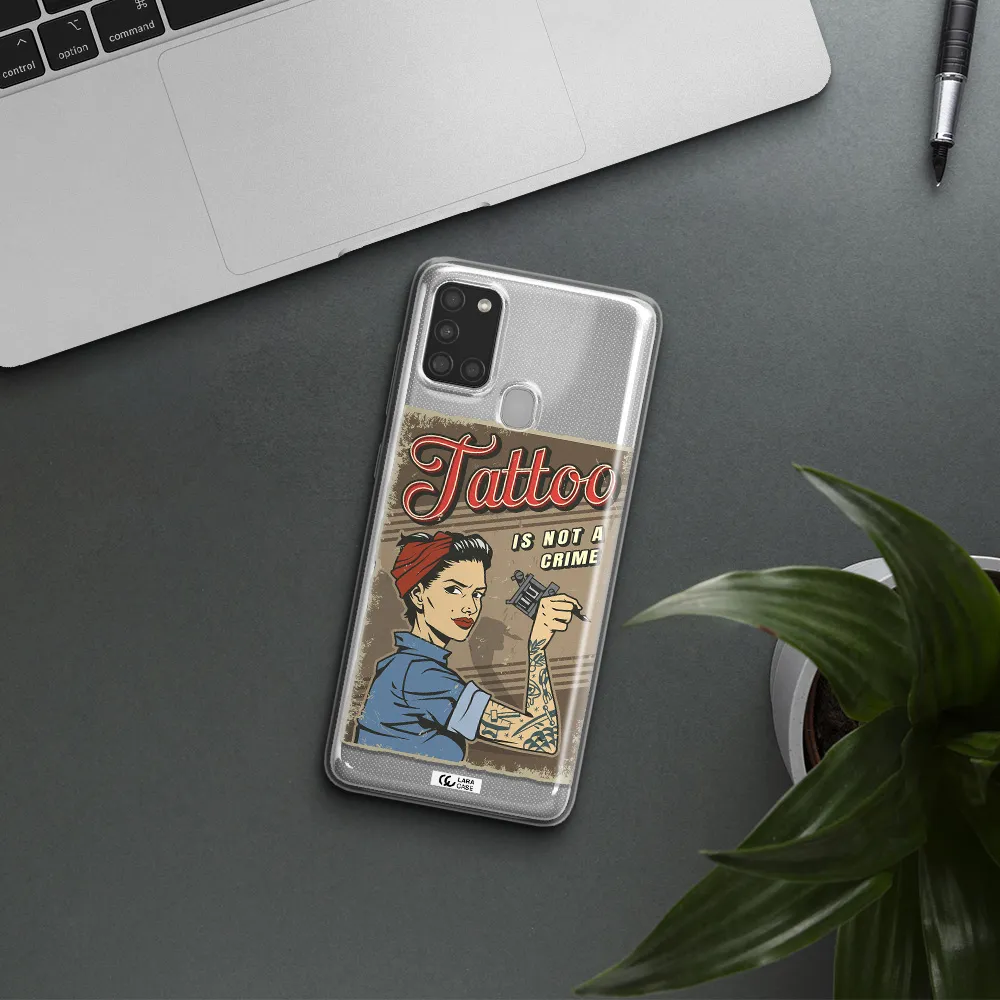 a woman with tattoo on her arm Samsung A21S Clear TPU Case
