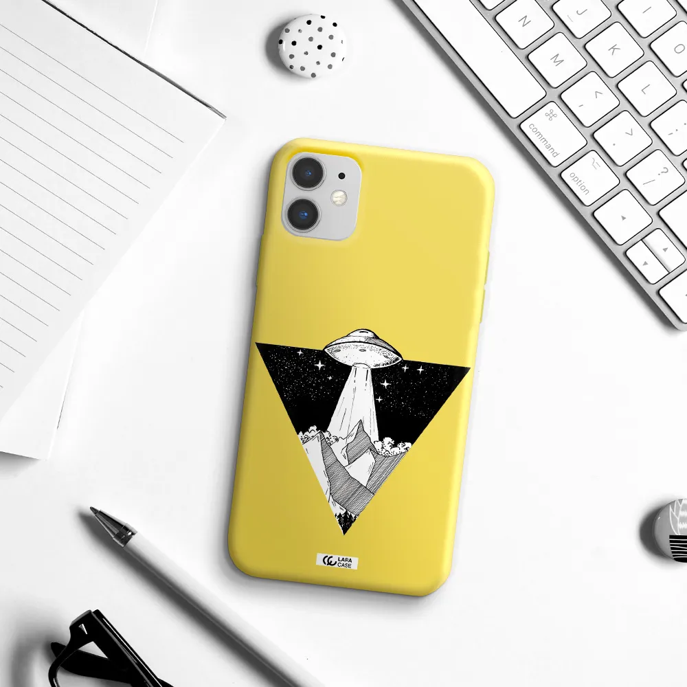a triangle with a ufo in the sky Apple iPhone 11 Silicone canary yellow Case