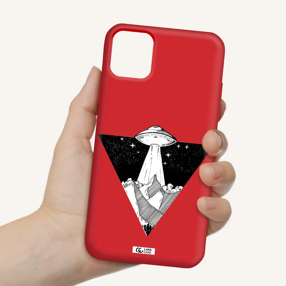 a triangle with a ufo in the sky Apple iPhone 11 Silicone Imperial Red Case