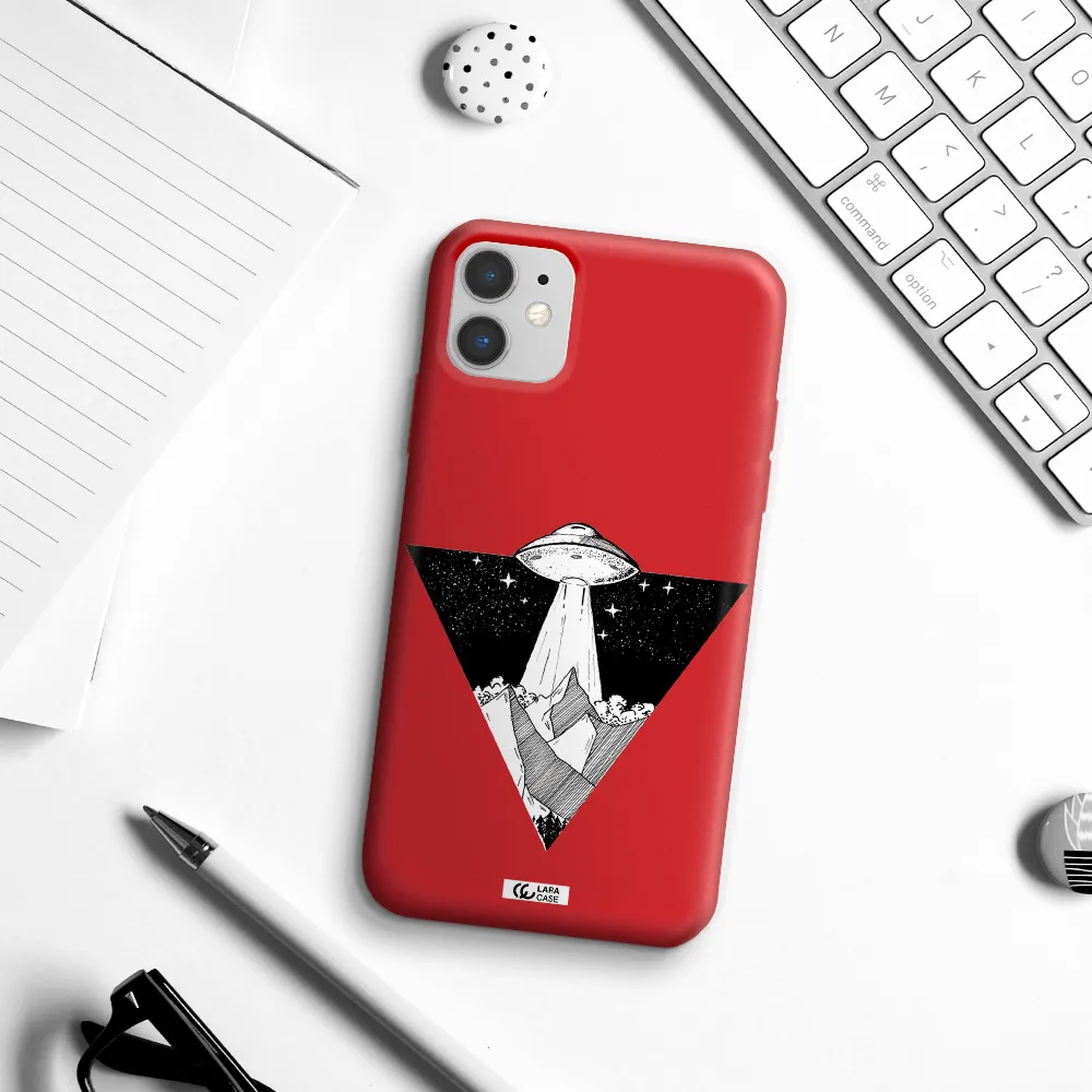 a triangle with a ufo in the sky Apple iPhone 11 Silicone Imperial Red Case