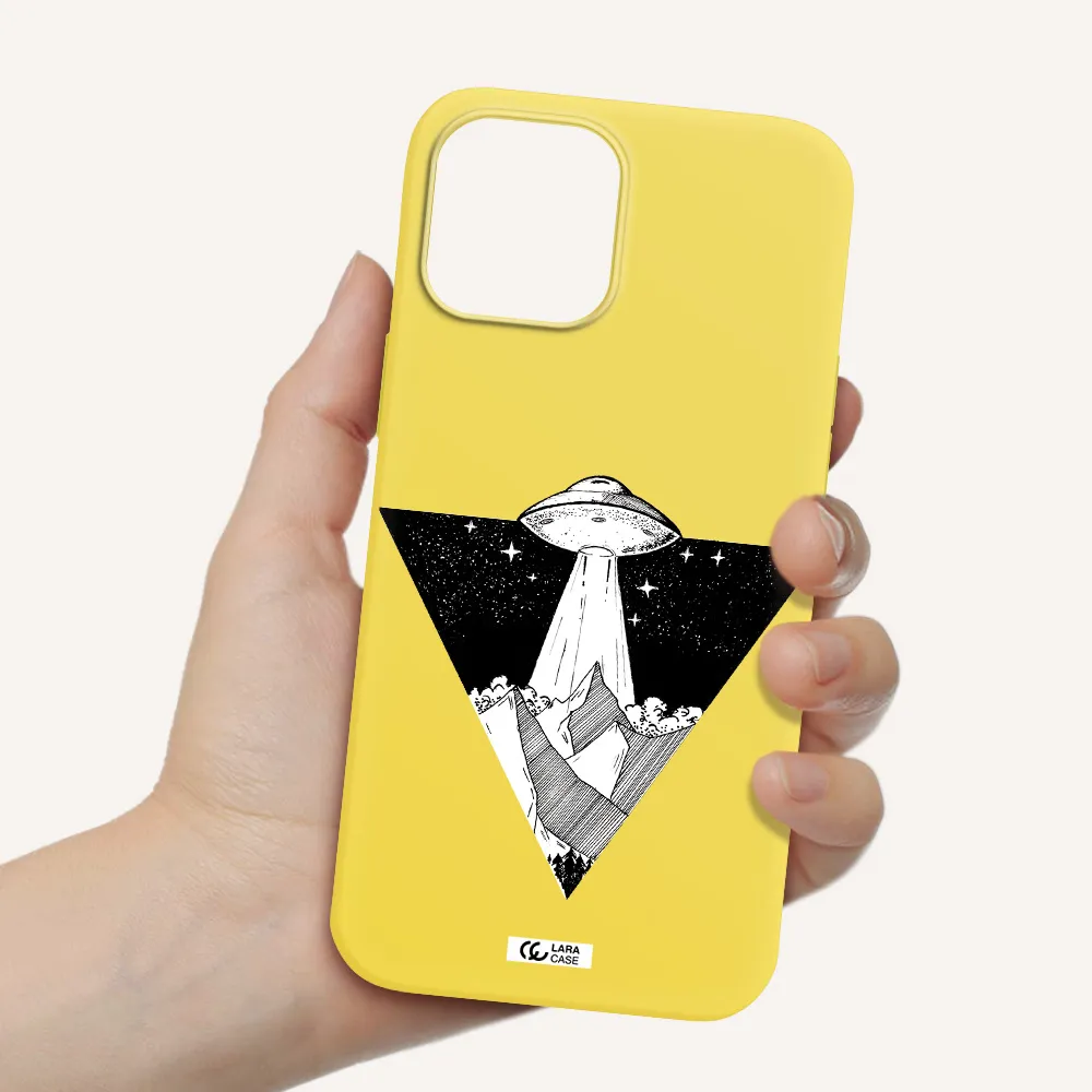 a triangle with a ufo in the sky Apple iPhone 12 pro max Silicone canary yellow Case