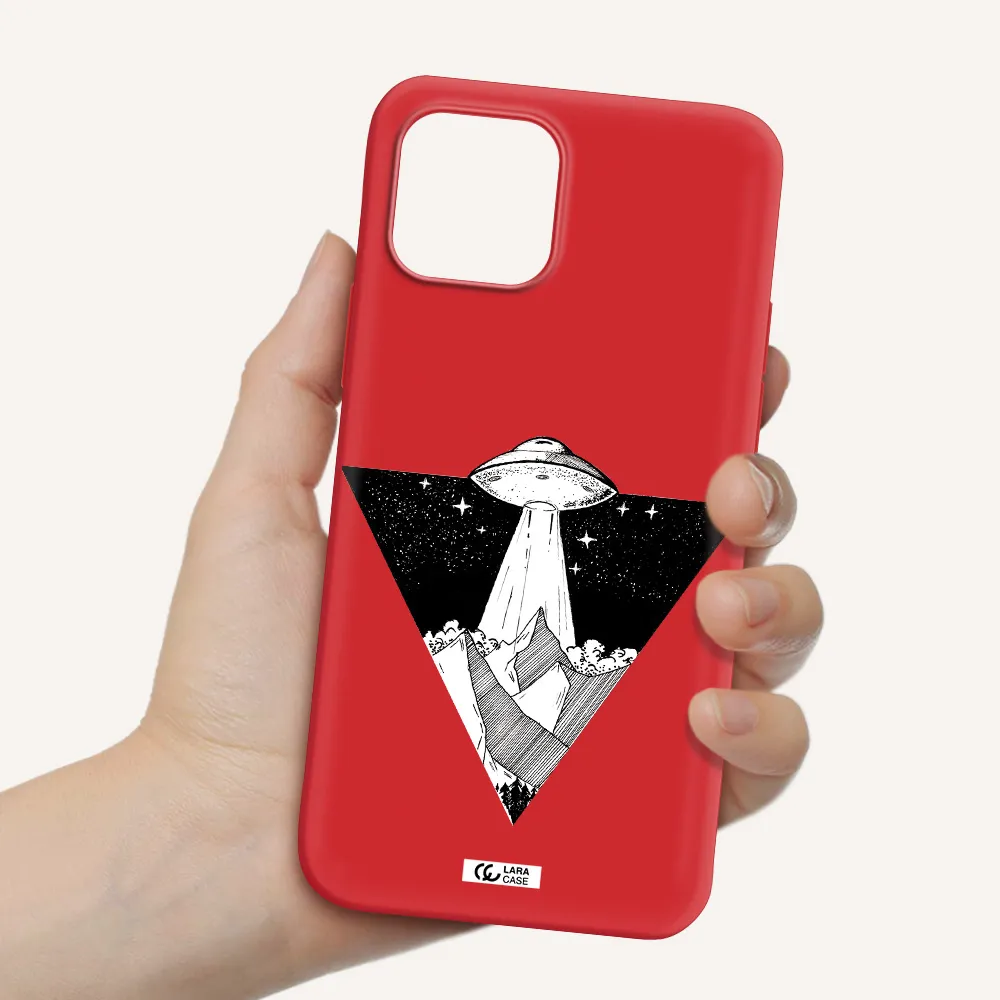a triangle with a ufo in the sky Apple iPhone 12 Silicone Imperial Red Case