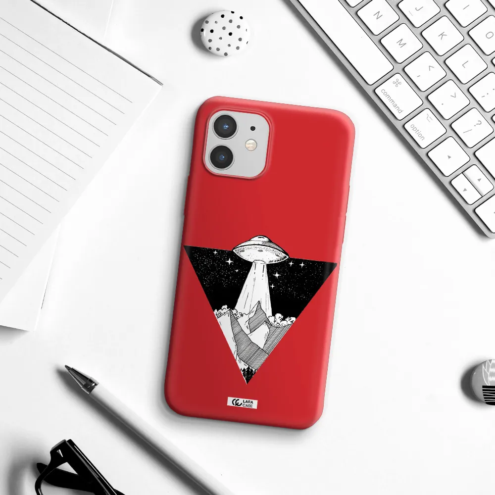 a triangle with a ufo in the sky Apple iPhone 12 Silicone Imperial Red Case