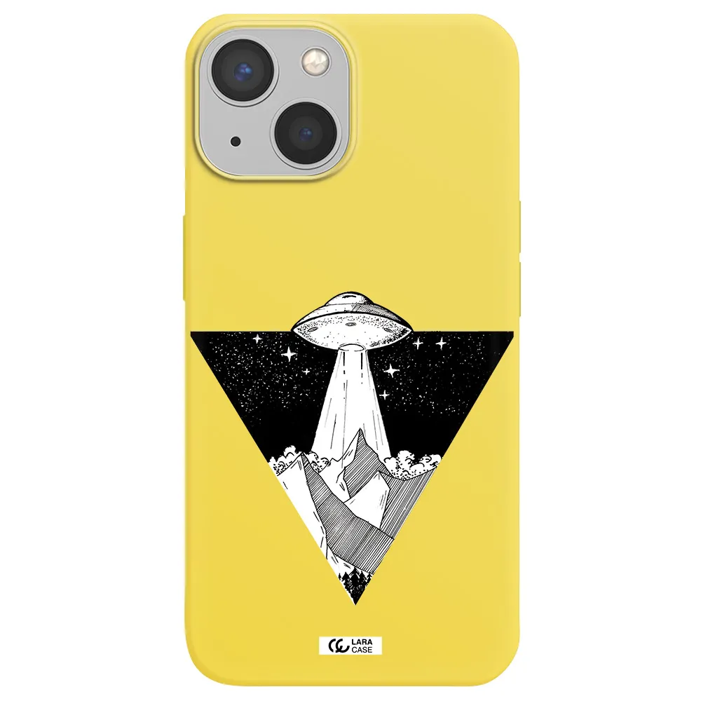 a triangle with a ufo in the sky Apple iPhone 13 mini Silicone canary yellow Case