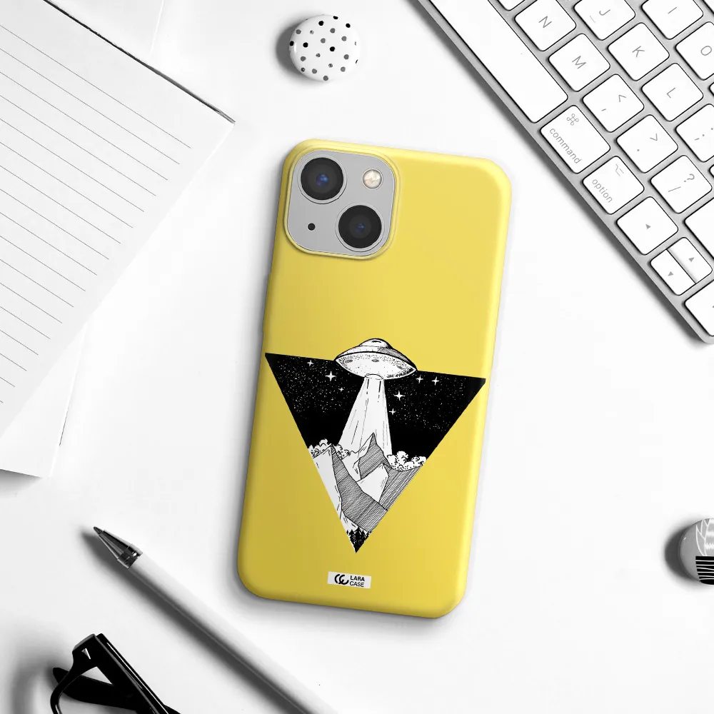 a triangle with a ufo in the sky Apple iPhone 13 mini Silicone canary yellow Case