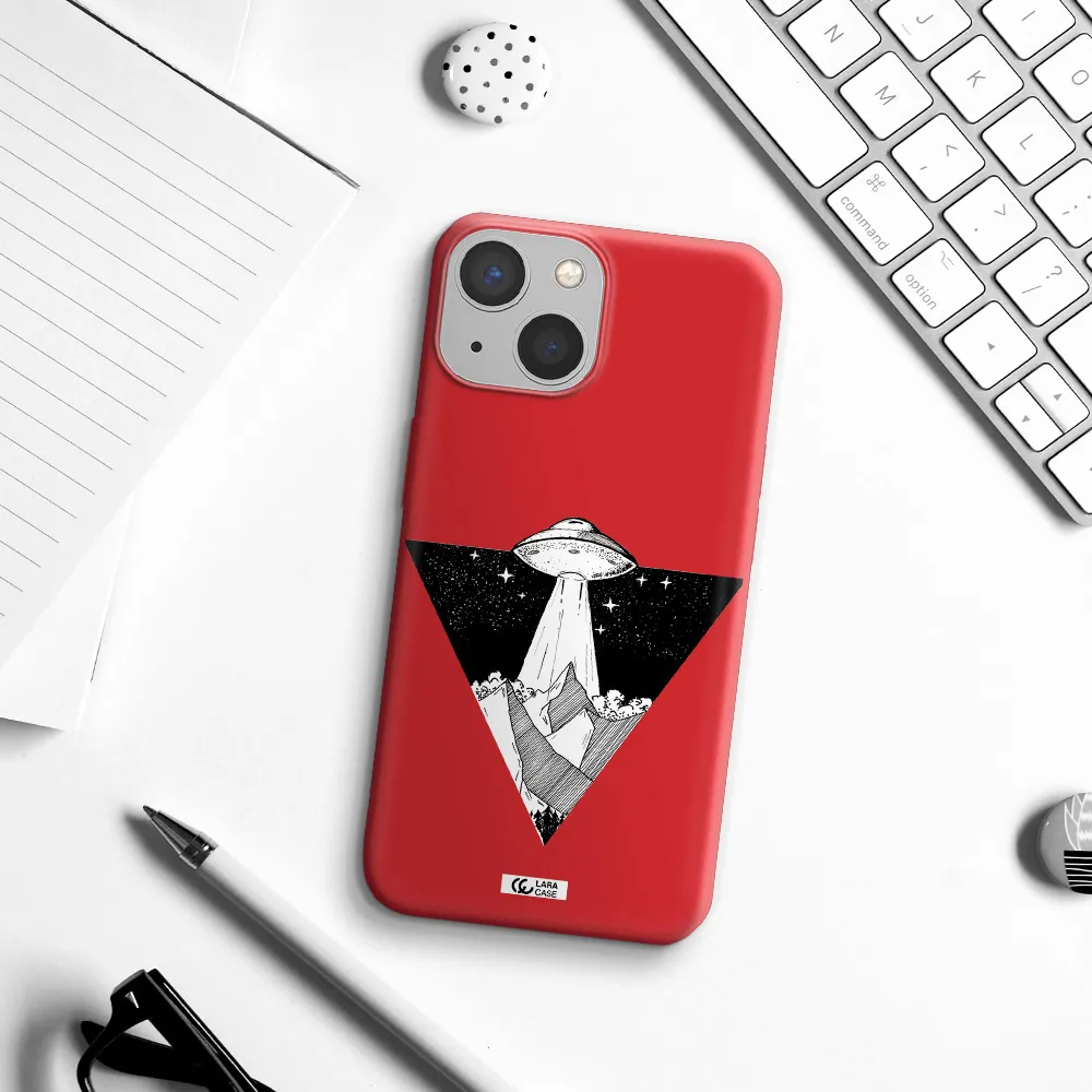 a triangle with a ufo in the sky Apple iPhone 13 mini Silicone Imperial Red Case
