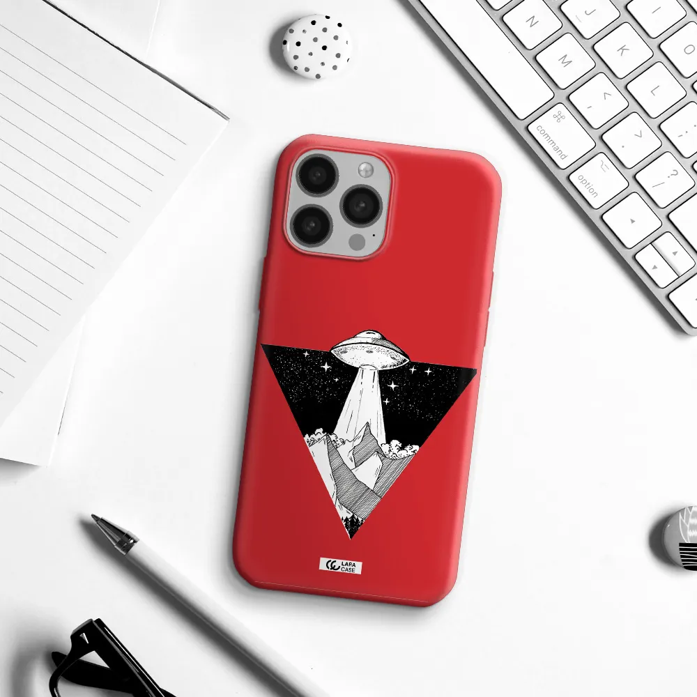 a triangle with a ufo in the sky Apple iPhone 13 Pro Silicone Imperial Red Case