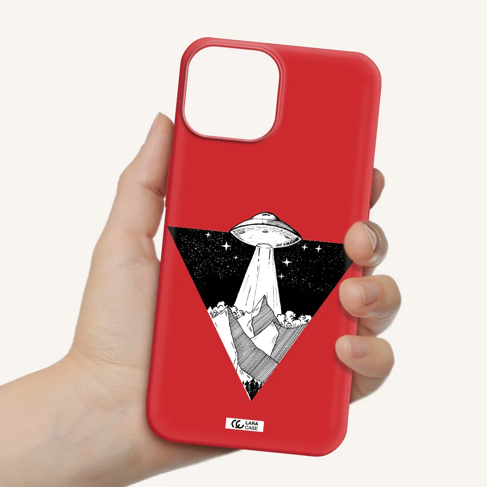 a triangle with a ufo in the sky Apple iPhone 13 Silicone Imperial Red Case