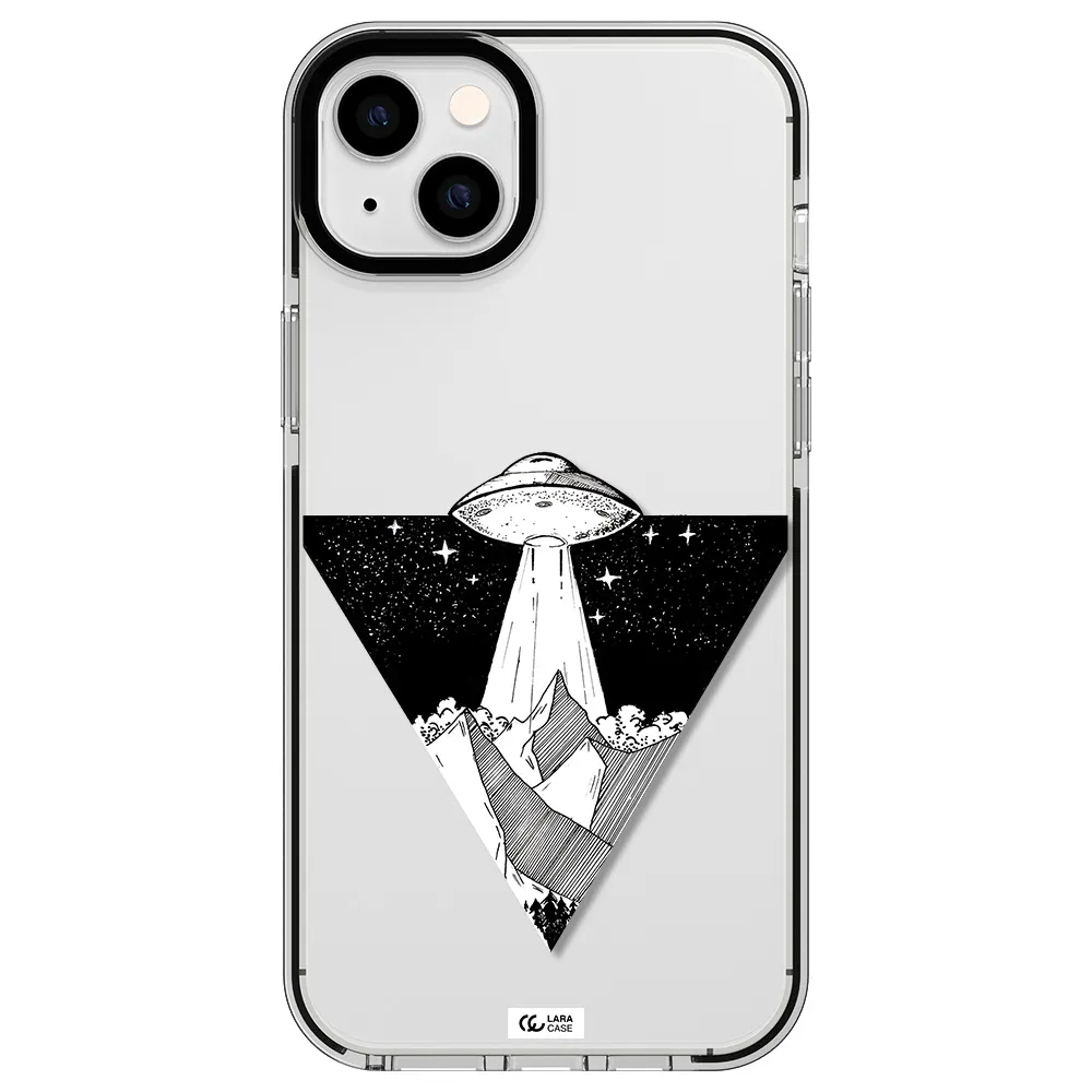 a triangle with a ufo in the sky Apple iPhone 14 plus impact black border Case
