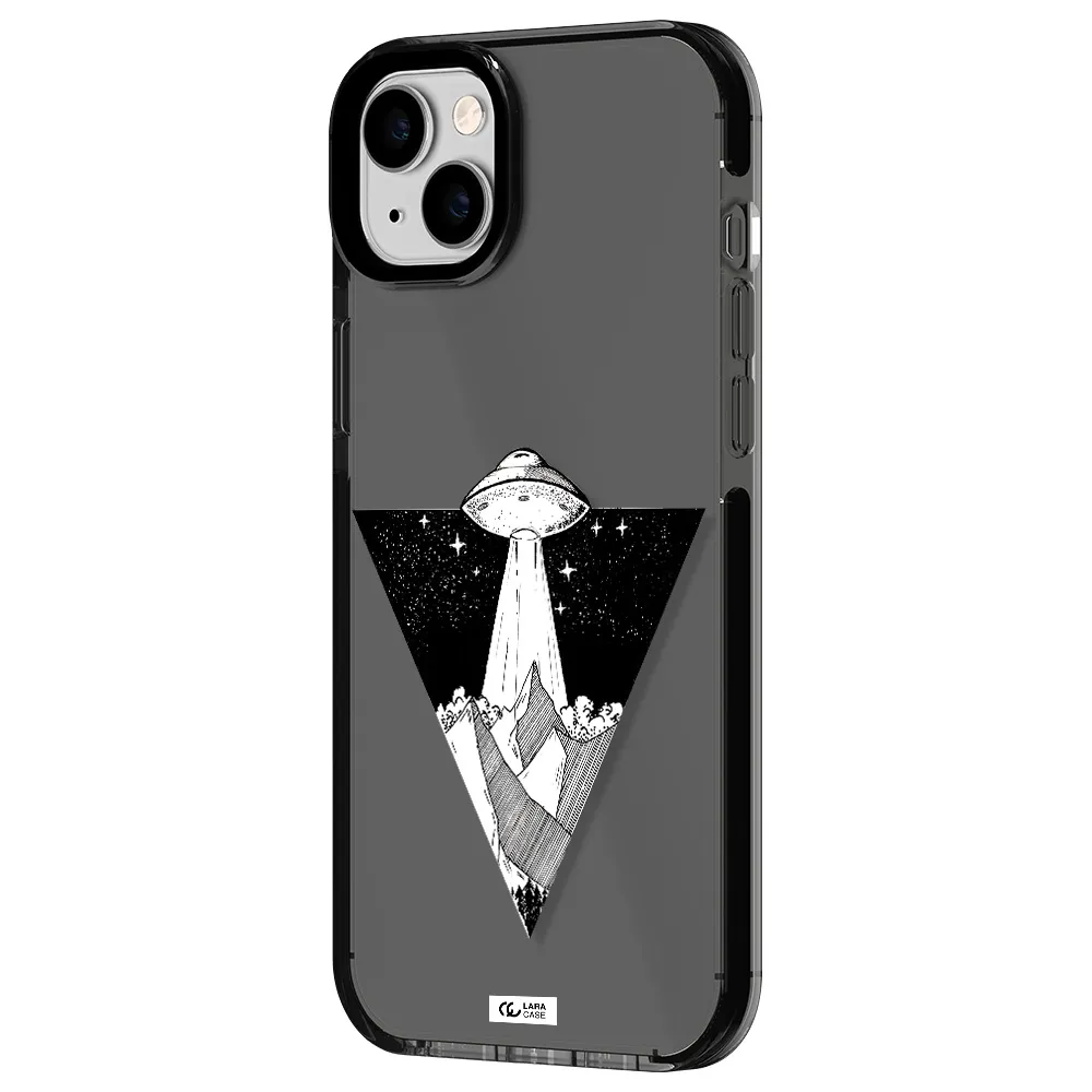a triangle with a ufo in the sky Apple iPhone 14 plus impact Smoke Black Case