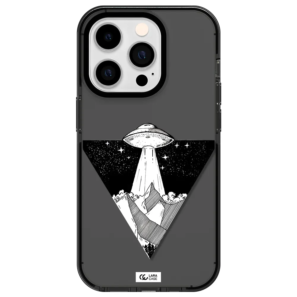 a triangle with a ufo in the sky Apple iPhone 14 pro impact Smoke Black Case
